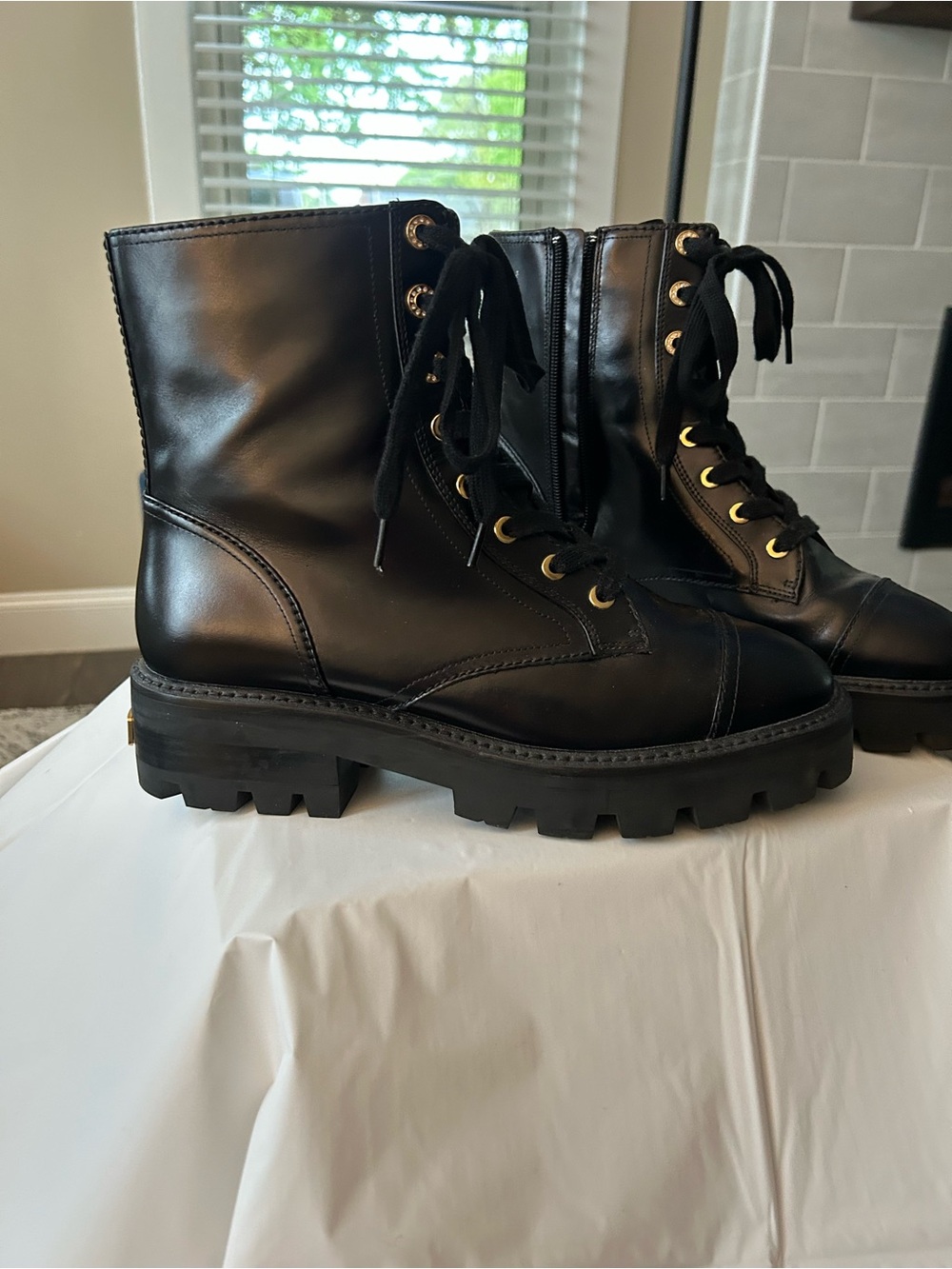 kate spade Black Leather Lug Sole Lace-Up Ankle Boots